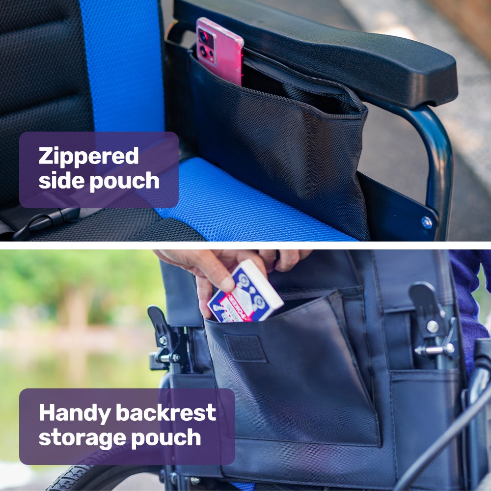 EQUIPMED Electric Wheelchair Folding, Long Range, Airline Approved, Lithium Battery, 24" Light Rear Wheels, Matte Black/Blue 11