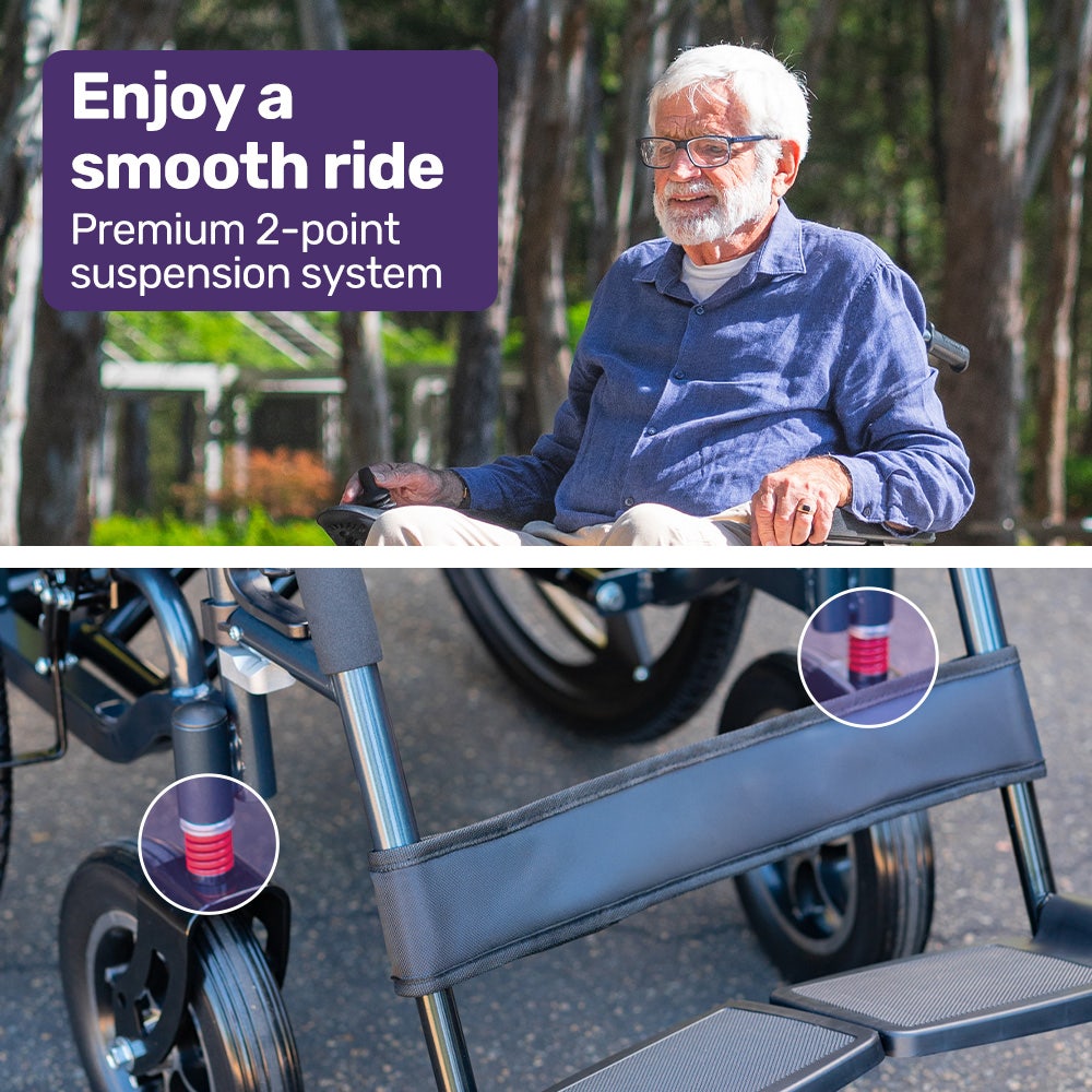 EQUIPMED Electric Wheelchair Folding, Long Range, Airline Approved, Lithium Battery, 24" Light Rear Wheels, Matte Black/Blue 12