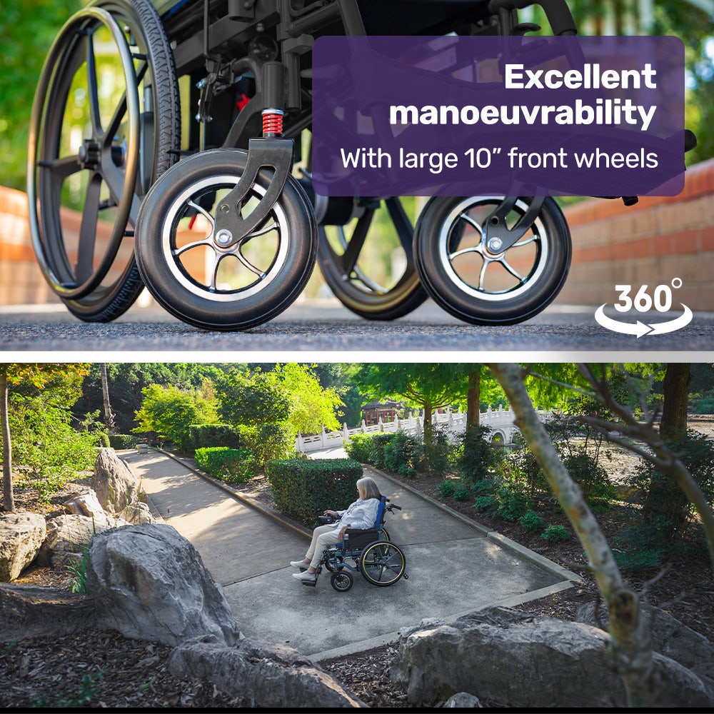 EQUIPMED Electric Wheelchair Folding, Long Range, Airline Approved, Lithium Battery, 24" Light Rear Wheels, Matte Black/Blue 14