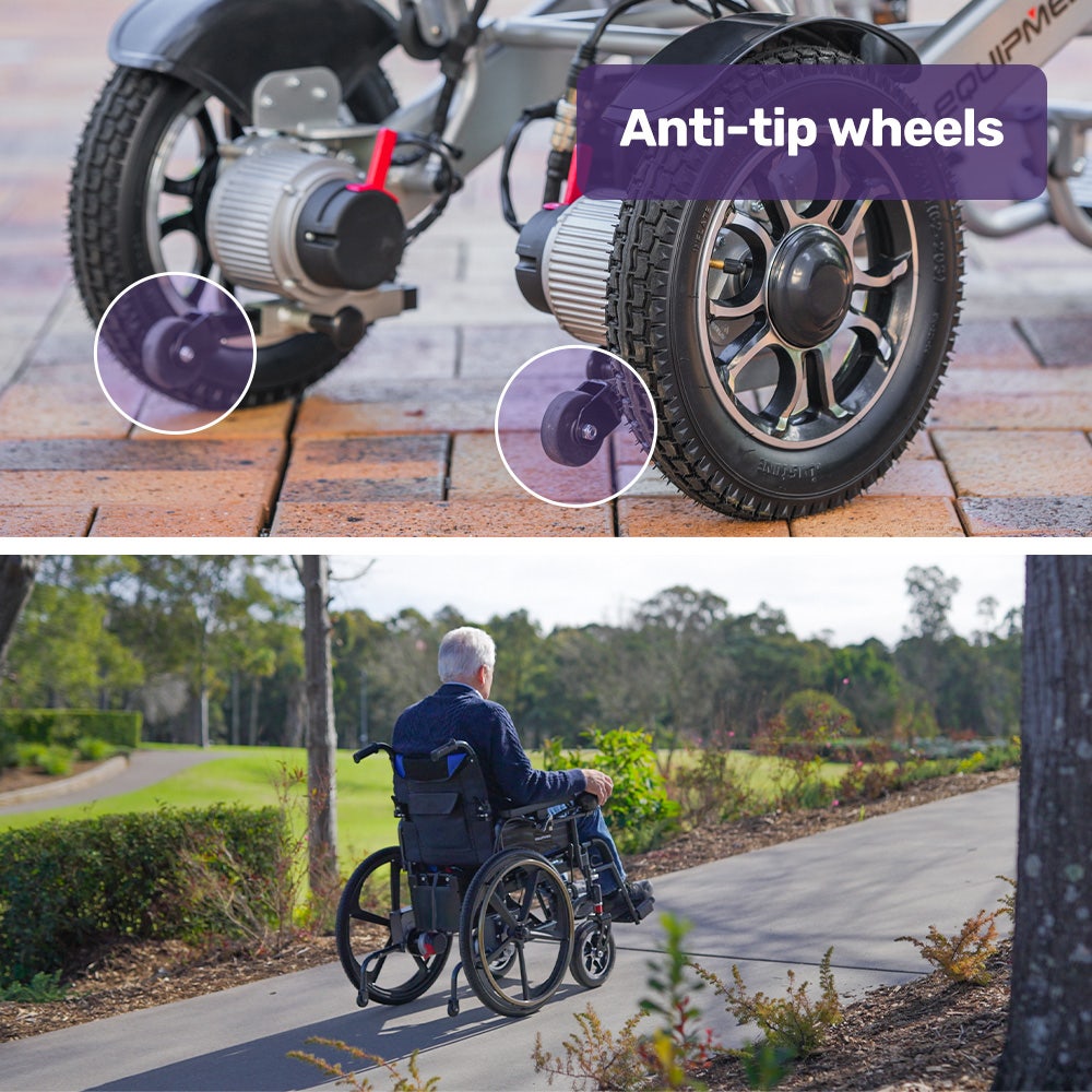 EQUIPMED Electric Wheelchair Folding, Long Range, Airline Approved, Lithium Battery, 24" Light Rear Wheels, Matte Black/Blue 15