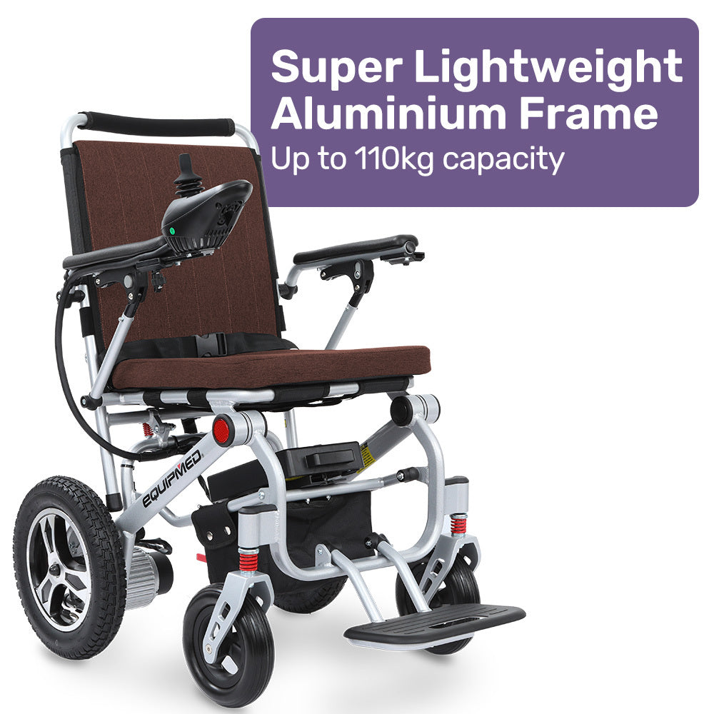 EQUIPMED Ultra-Light Power Wheelchair, Tight Turning, Airline Approved, ARTG Certified, Aluminium Frame, Lithium Battery, Brown 3