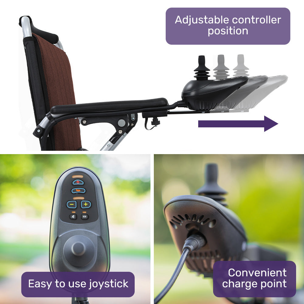 EQUIPMED Ultra-Light Power Wheelchair, Tight Turning, Airline Approved, ARTG Certified, Aluminium Frame, Lithium Battery, Brown 4
