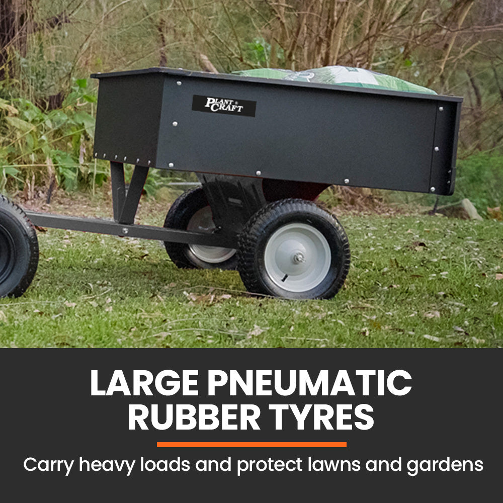 PLANTCRAFT 270kg Capacity Metal Dump Cart Garden Lawn Yard Farm Trolley, Tow Behind Ride on Mower 4