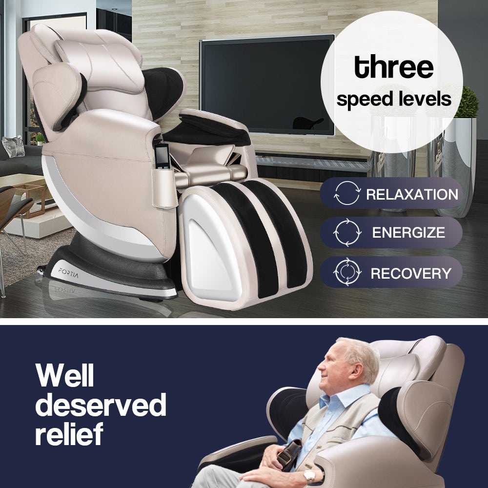 FORTIA Zero Gravity Recline Full-Body Massage Chair, with Back and Foot Rollers, Squeezing Air Pressure for Arms, Legs, plus Heat and Vibration functions, Cream 8