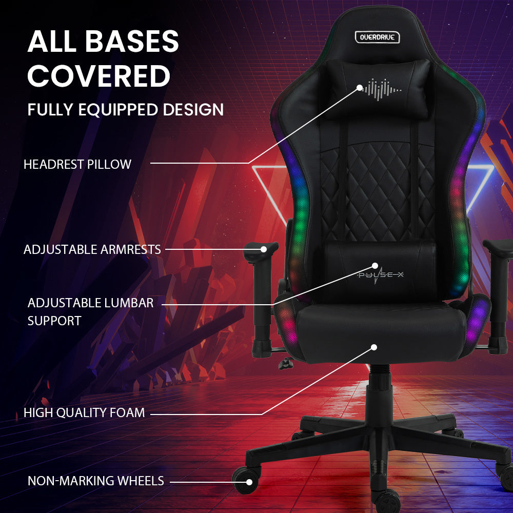 Overdrive Gaming Chair, with Bluetooth Speakers, RGB LED Lights, Reclining Game Armchair, Black 3
