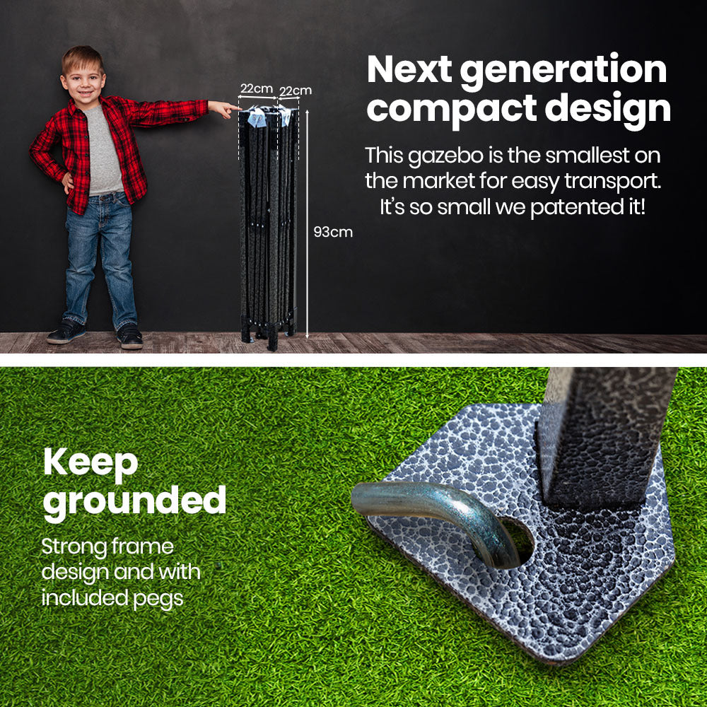 RED TRACK 3x3m Ultra Compact Folding Gazebo, Carry bag, Portable Outdoor Popup Marquee for Camping Beach, Black 3