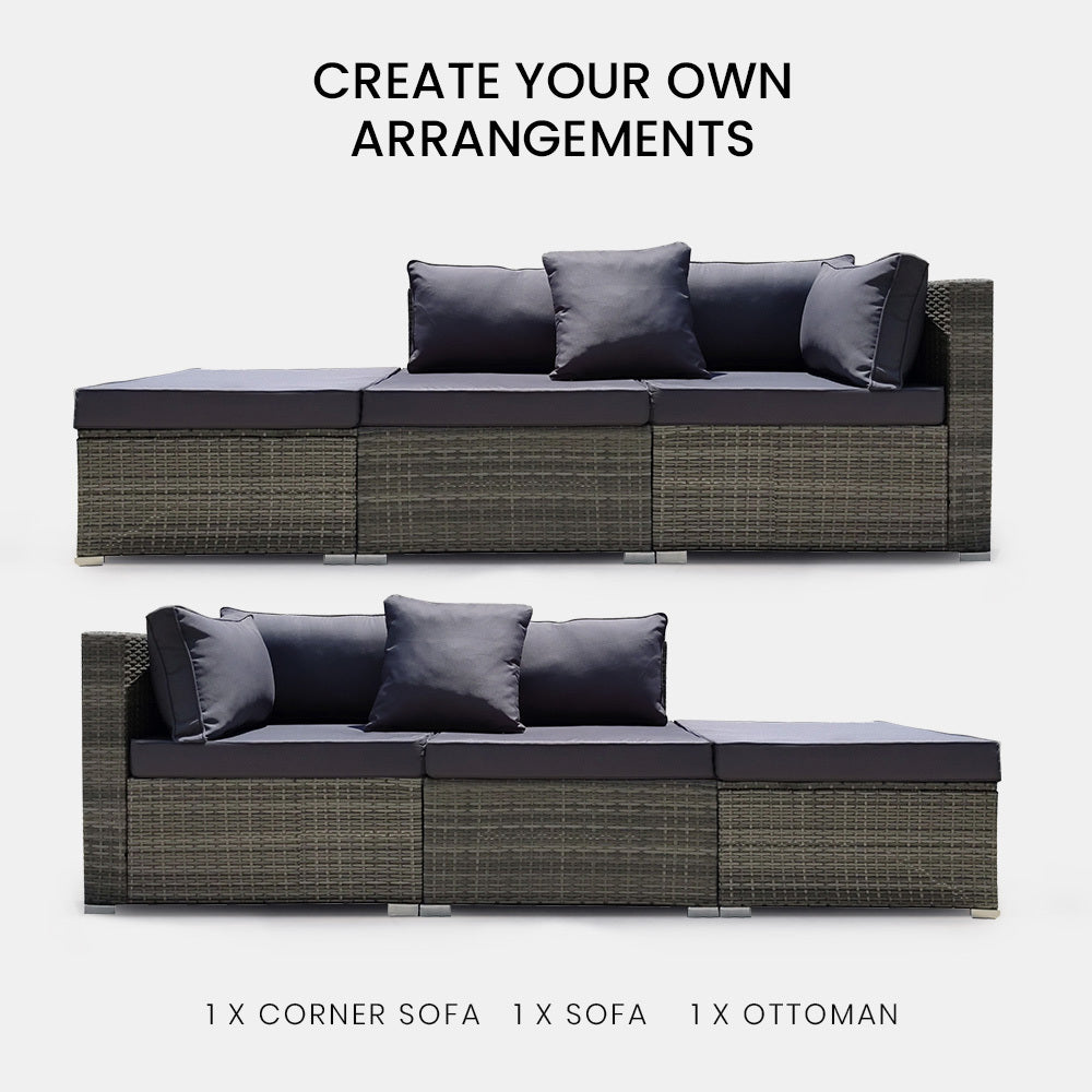 LONDON RATTAN 3 Seater Modular Outdoor Lounge Setting incl. Ottoman, Grey 3