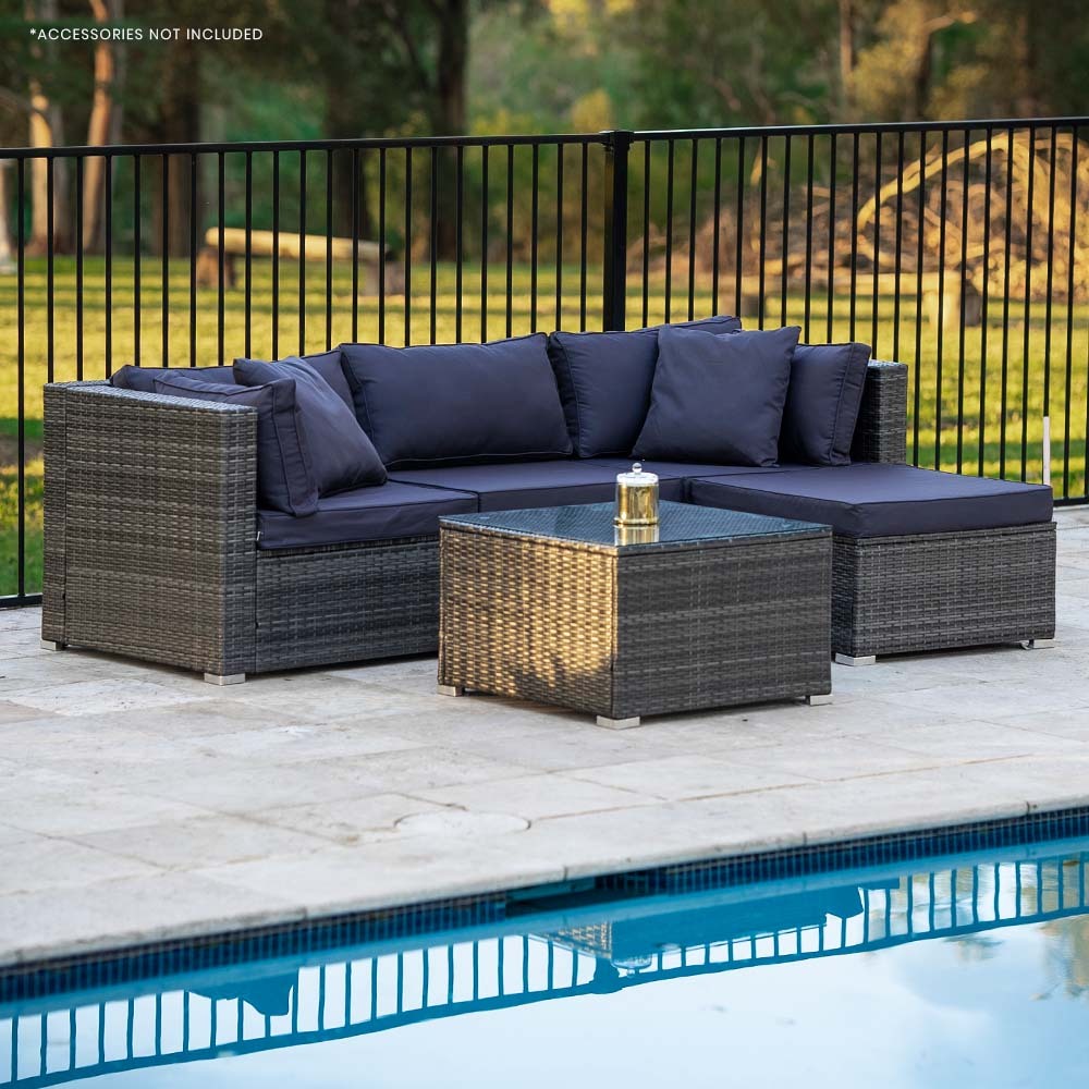 LONDON RATTAN 4 Seater Modular Outdoor Lounge Setting with Coffee Table, Ottoman, Grey 5