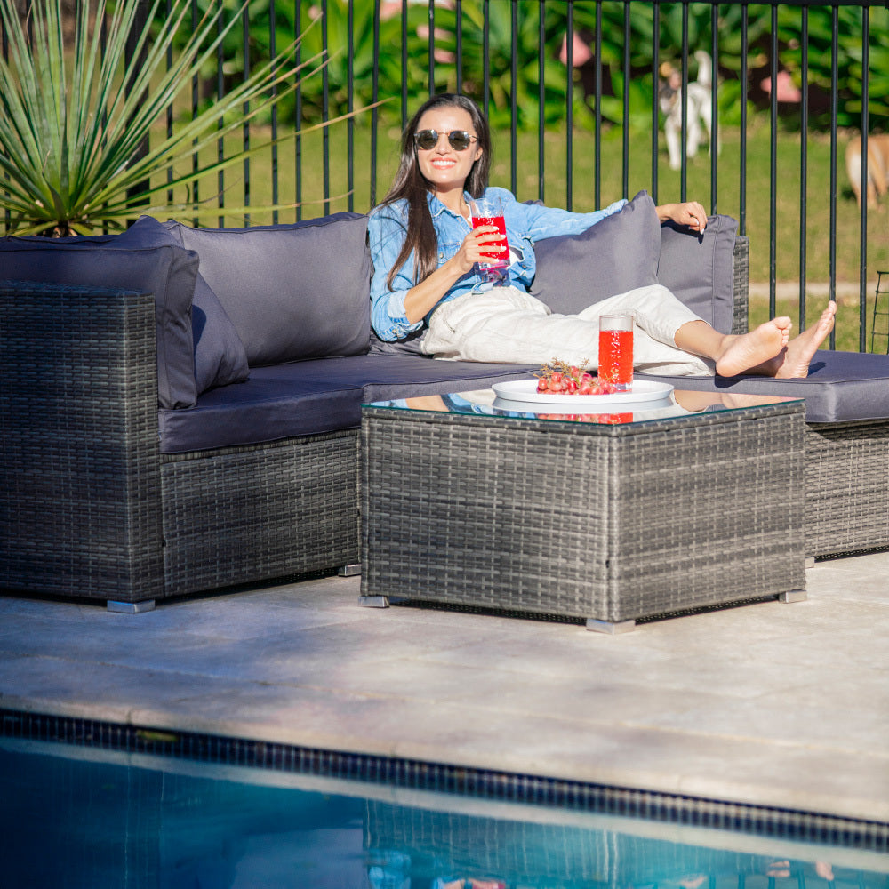 LONDON RATTAN 4 Seater Modular Outdoor Lounge Setting with Coffee Table, Ottoman, Grey 9