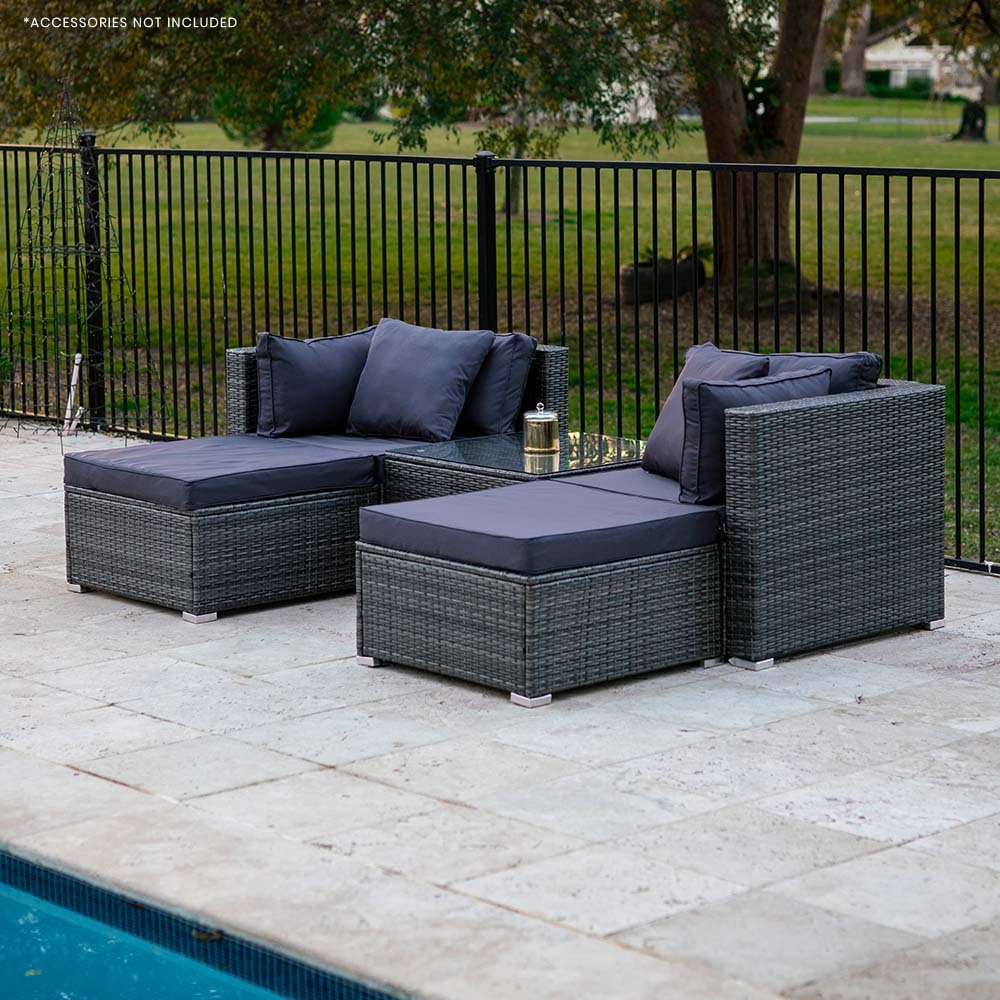 LONDON RATTAN 4 Seater Modular Outdoor Lounge Setting with Coffee Table, Ottomans, Grey 8