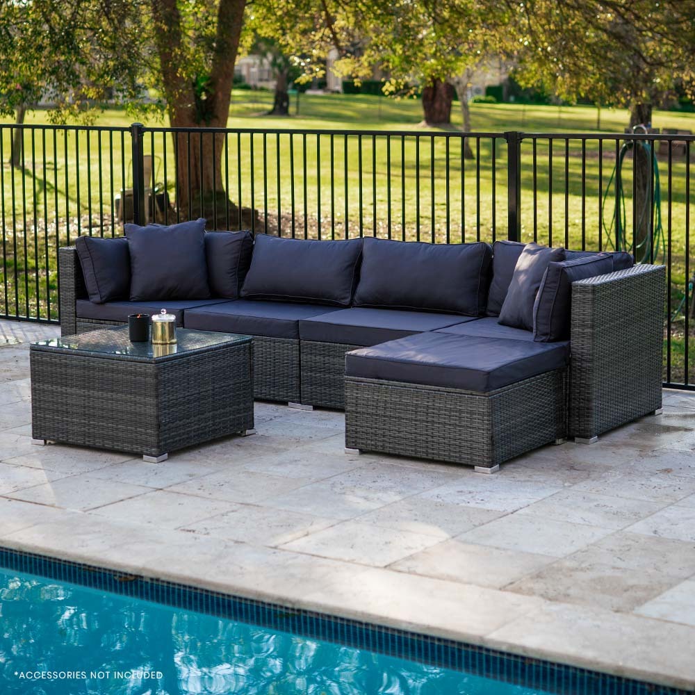 LONDON RATTAN 5 Seater Modular Outdoor Lounge Setting with Coffee Table, Ottoman, Grey 5