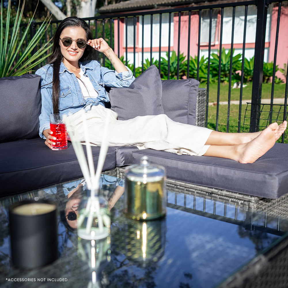 LONDON RATTAN 5 Seater Modular Outdoor Lounge Setting with Coffee Table, Ottoman, Grey 8