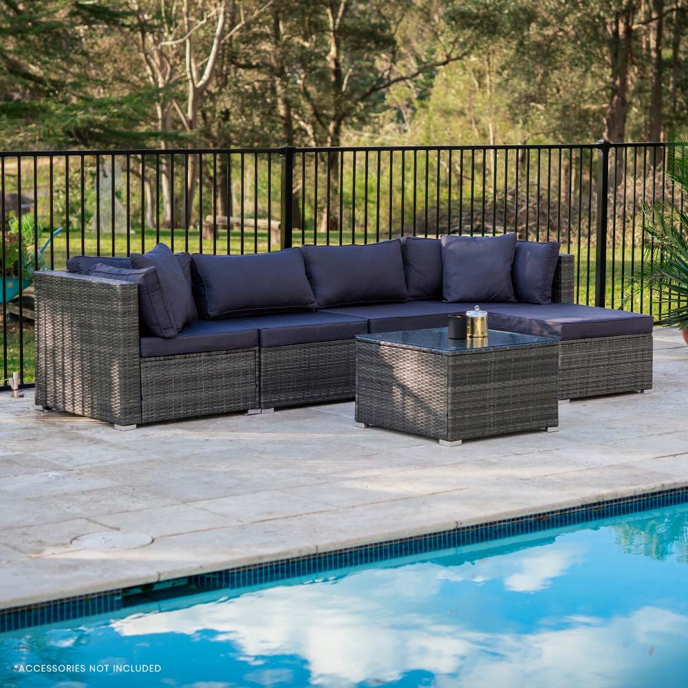 LONDON RATTAN 5 Seater Modular Outdoor Lounge Setting with Coffee Table, Ottoman, Grey 9