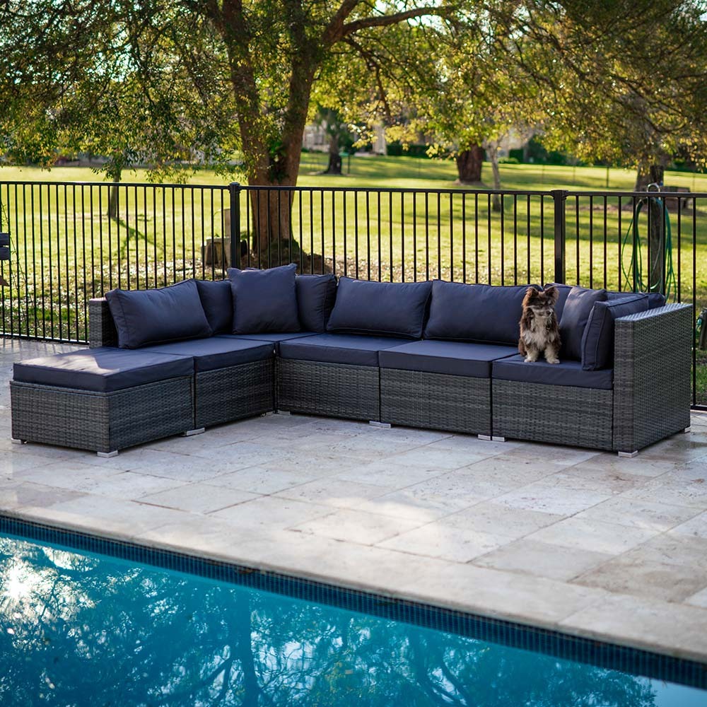 LONDON RATTAN 6 Seater Modular Outdoor Lounge Setting with Ottoman, Grey 4