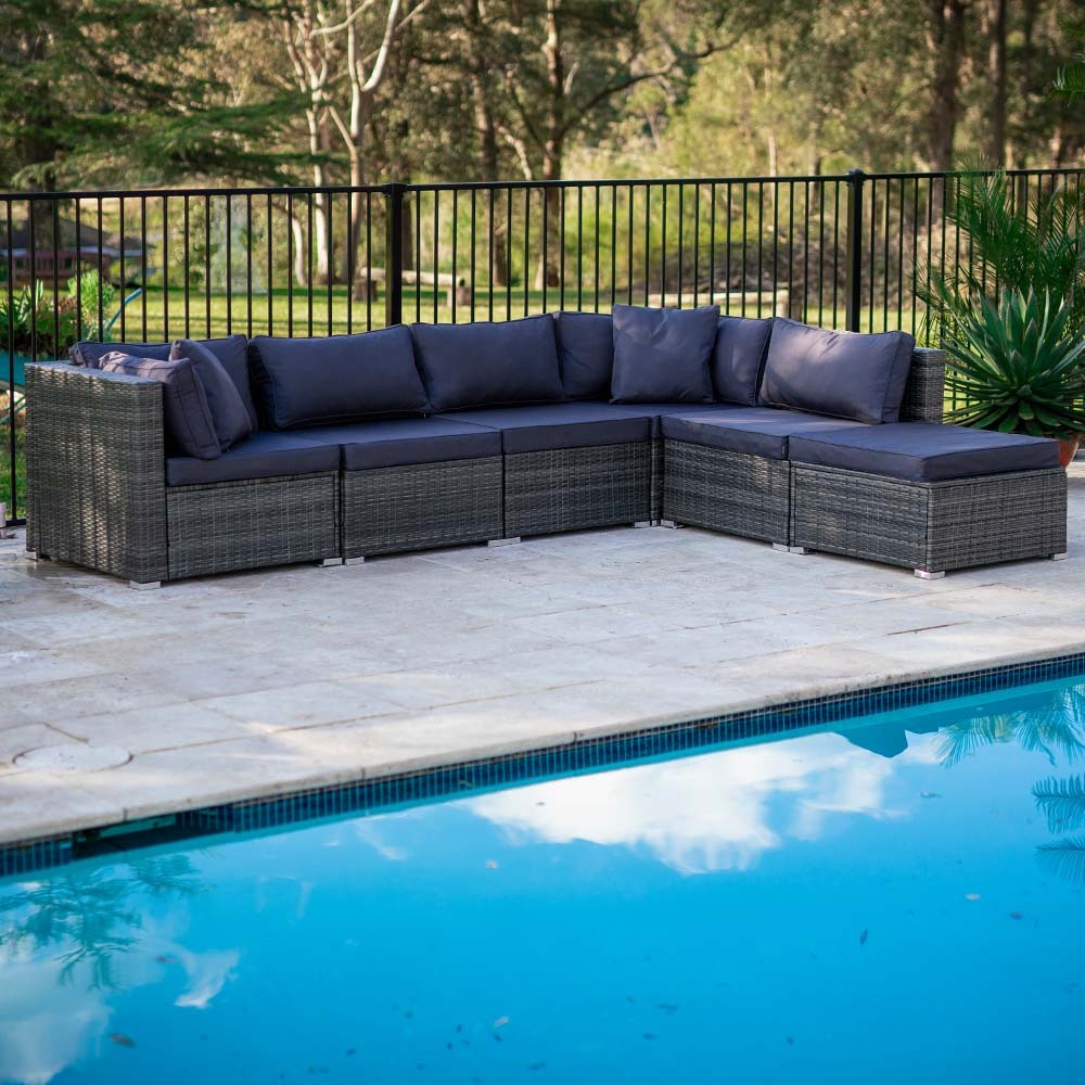 LONDON RATTAN 6 Seater Modular Outdoor Lounge Setting with Ottoman, Grey 9