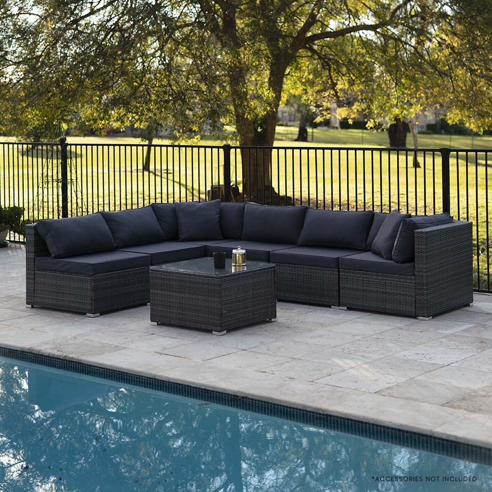 LONDON RATTAN 7 Piece 6 Seater Modular Outdoor Lounge Setting with Coffee Table, Grey 8