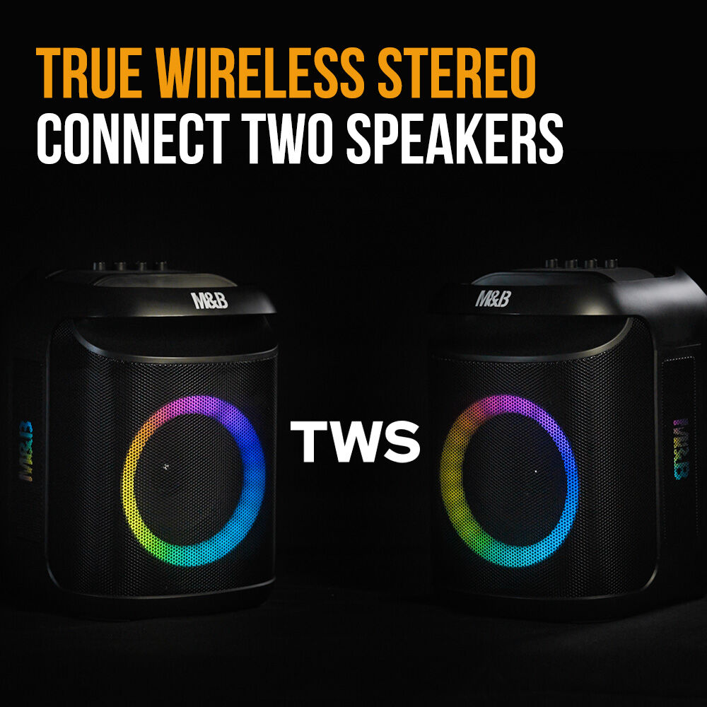 M&B Portable Splash Proof 80W Bluetooth Party Speaker, IPX4, TWS Pairing, Multi-Input, Lithium Battery, RGB, USB Charging 7