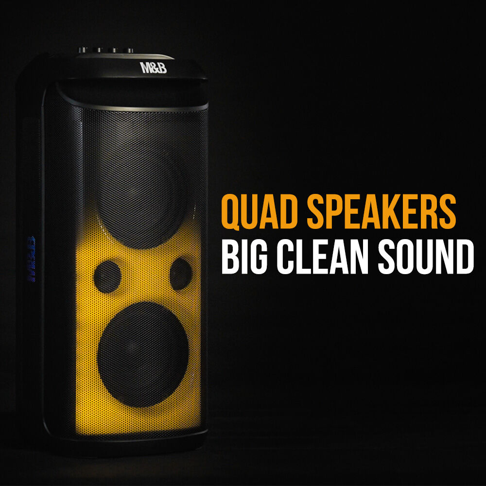 M&B Portable Splash Proof 120W Bluetooth Party Speaker with Karaoke Microphone, IPX4, TWS Pairing, Multi-Input, Lithium Battery, RGB, USB Charging 3