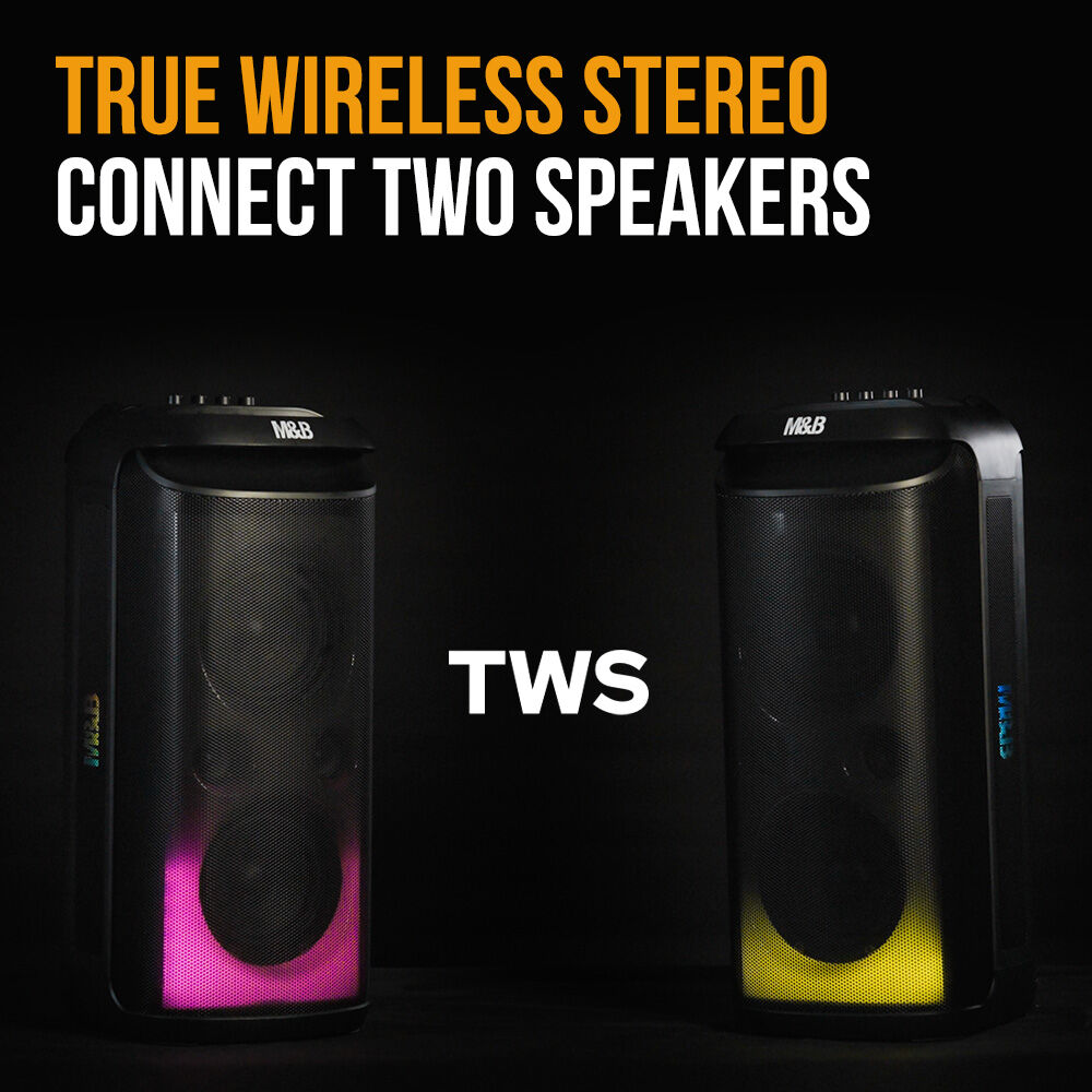 M&B Portable Splash Proof 120W Bluetooth Party Speaker with Karaoke Microphone, IPX4, TWS Pairing, Multi-Input, Lithium Battery, RGB, USB Charging 8