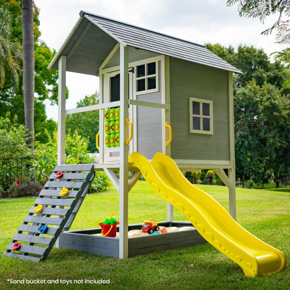 ROVO KIDS Wooden Tower Cubby House with Slide, Sandpit, Climbing Wall, Noughts & Crosses 5