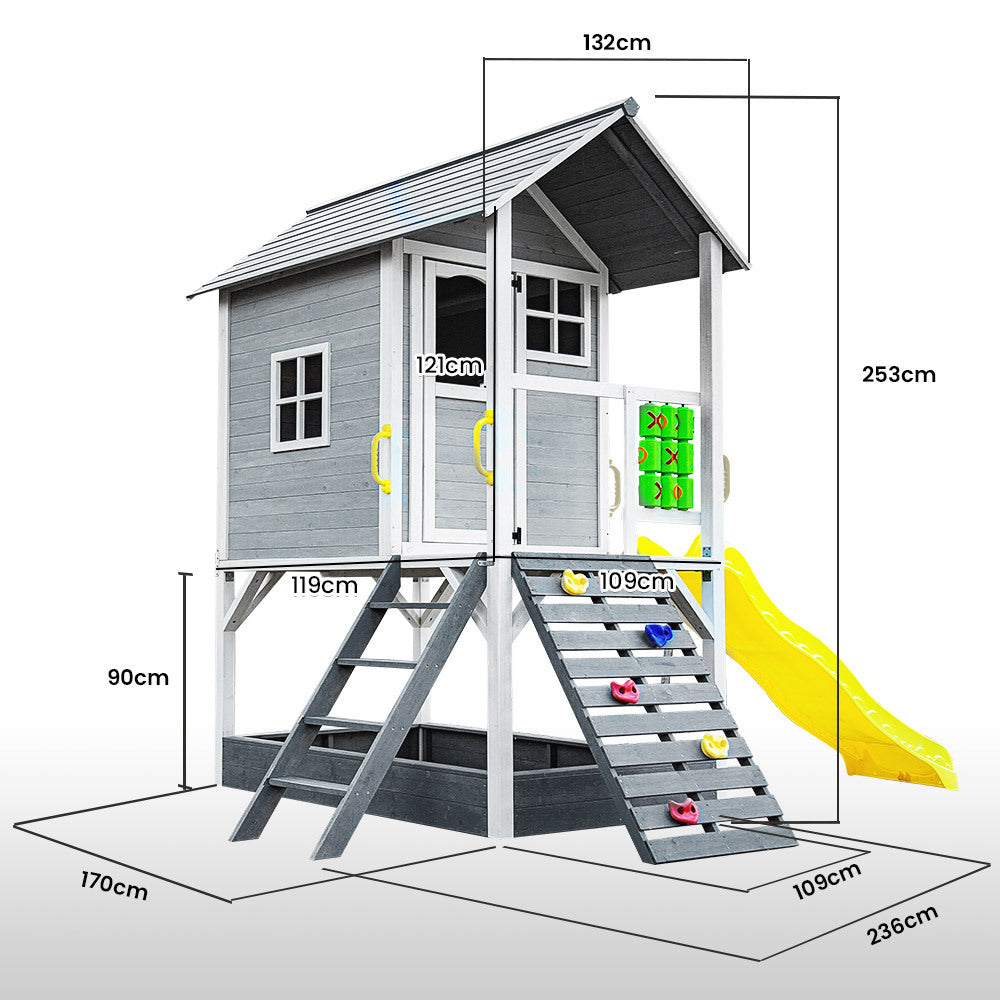 ROVO KIDS Wooden Tower Cubby House with Slide, Sandpit, Climbing Wall, Noughts & Crosses 6