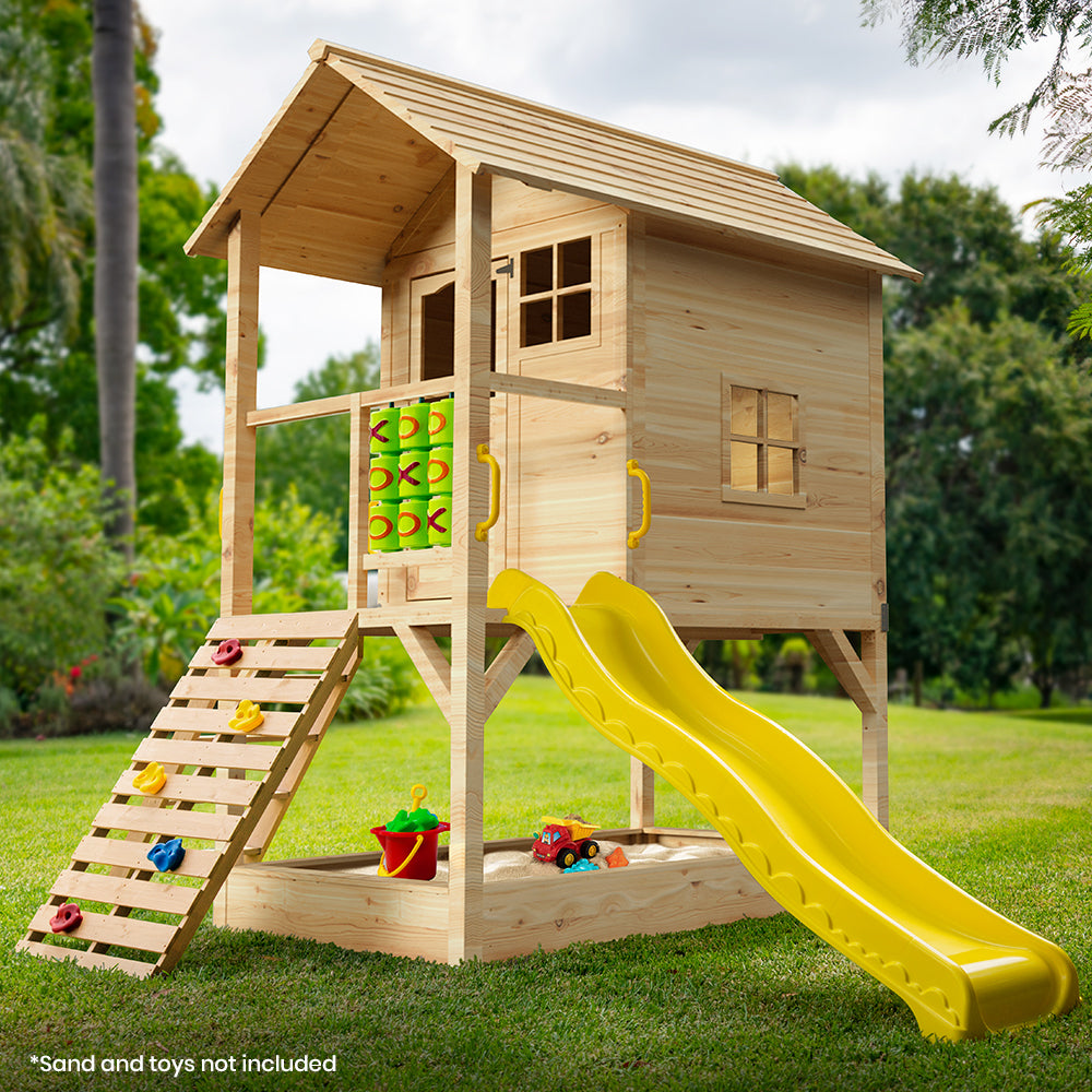 ROVO KIDS Wooden Tower Cubby House with Slide, Sandpit, Climbing Wall, Noughts & Crosses, Natural Colour 4