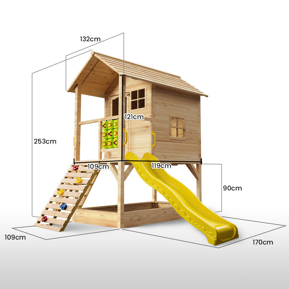 ROVO KIDS Wooden Tower Cubby House with Slide, Sandpit, Climbing Wall, Noughts & Crosses, Natural Colour 5