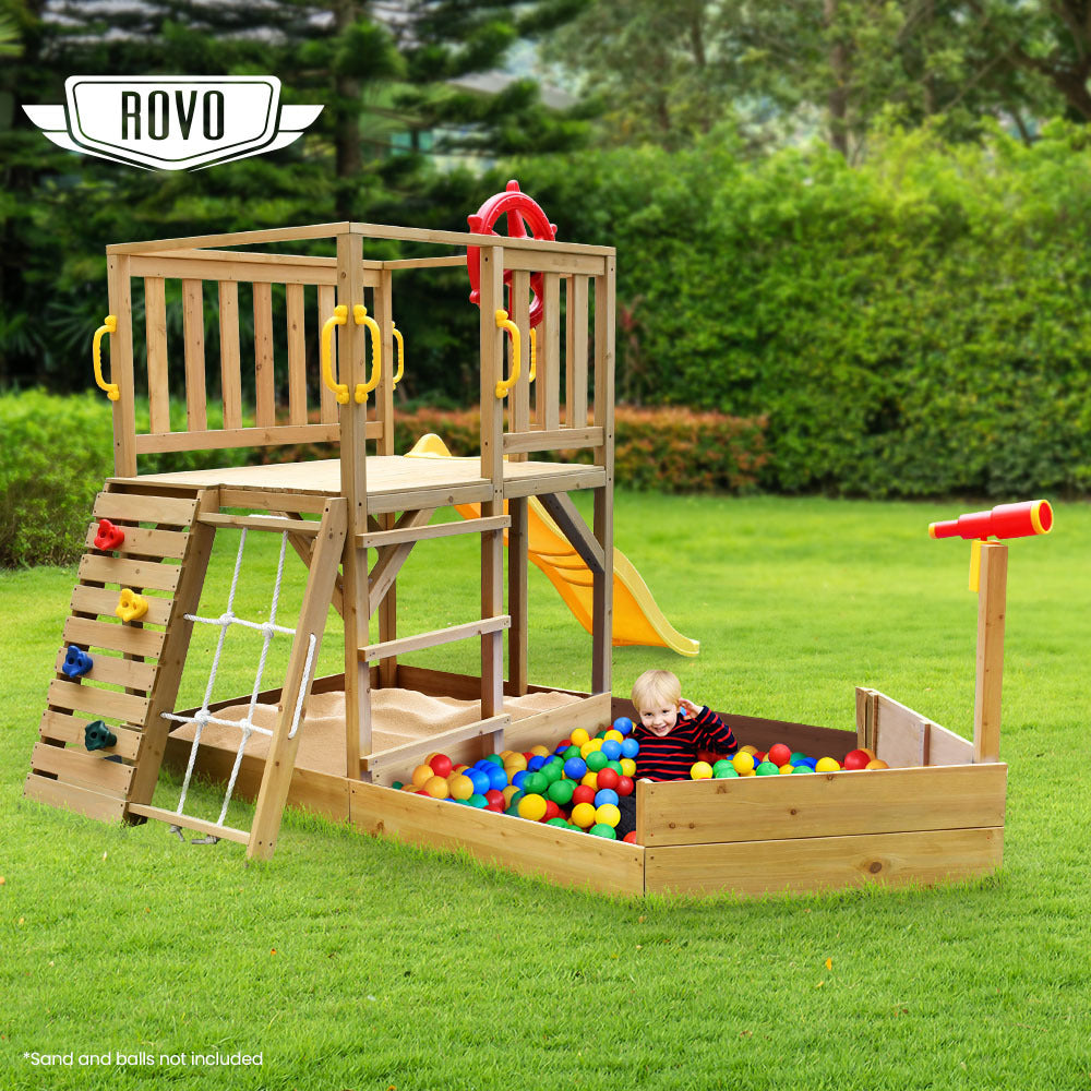 Rovo Kids Boat-Shaped Wooden Sand Pit Tower with Slide and Climbing Wall 3