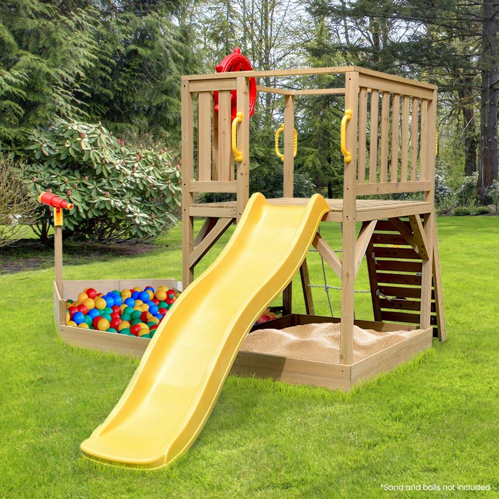Rovo Kids Boat-Shaped Wooden Sand Pit Tower with Slide and Climbing Wall 4