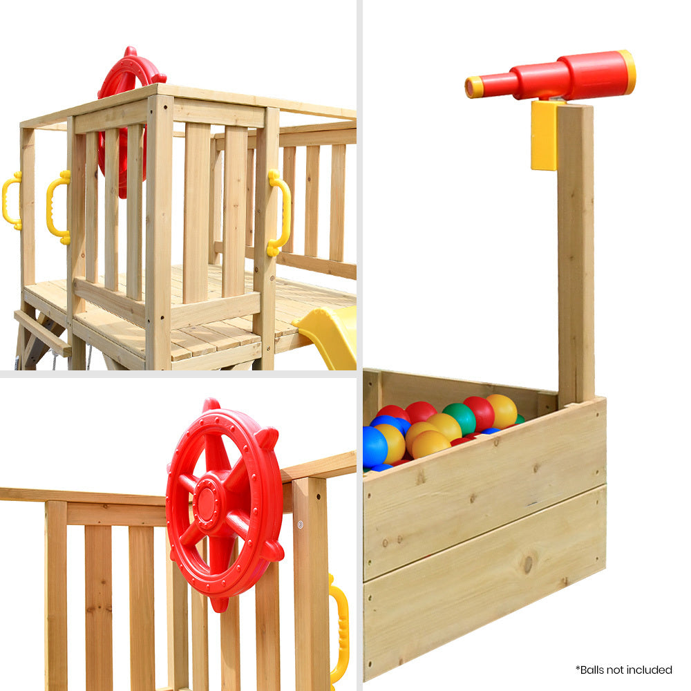 Rovo Kids Boat-Shaped Wooden Sand Pit Tower with Slide and Climbing Wall 5