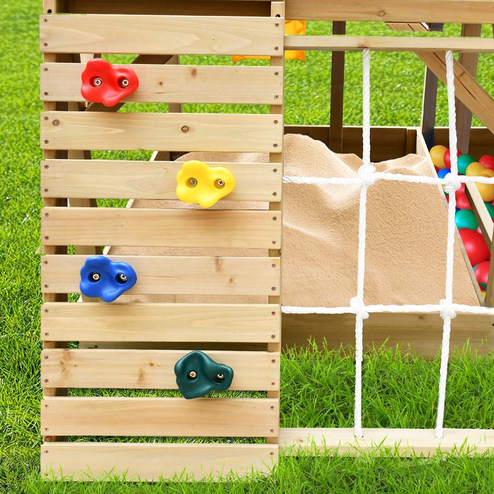 Rovo Kids Boat-Shaped Wooden Sand Pit Tower with Slide and Climbing Wall 6