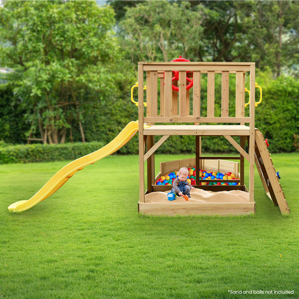 Rovo Kids Boat-Shaped Wooden Sand Pit Tower with Slide and Climbing Wall 7