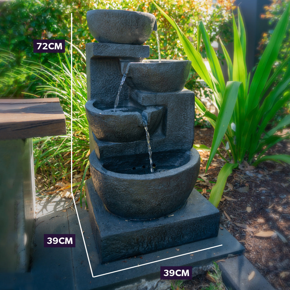 PROTEGE Solar Fountain Water Feature Outdoor 4 Bowl with LED Lights - Charcoal 6