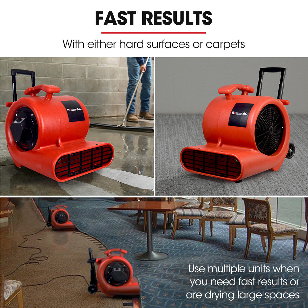 Baumr-AG 3-Speed Carpet Dryer Air Mover Blower Fan, 1400CFM, Sealed Copper Motor, Poly Housing, Telesscopic Handle and Wheels 3