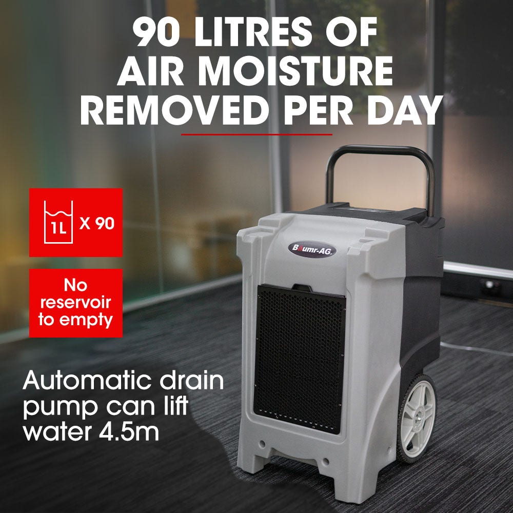 Baumr-AG 90L/day Commercial Air Dehumidifier for Mould, Portable, Stackable, LCD Display, Wheels 4
