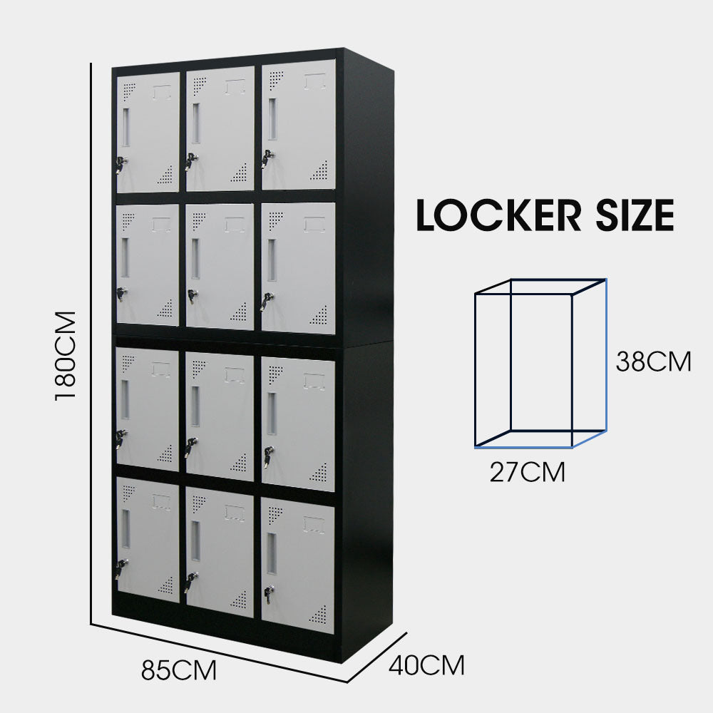 FORTIA 12-Door Metal Storage Locker Cabinet Gym Office Lockers Compartment, Black & Light Grey 6
