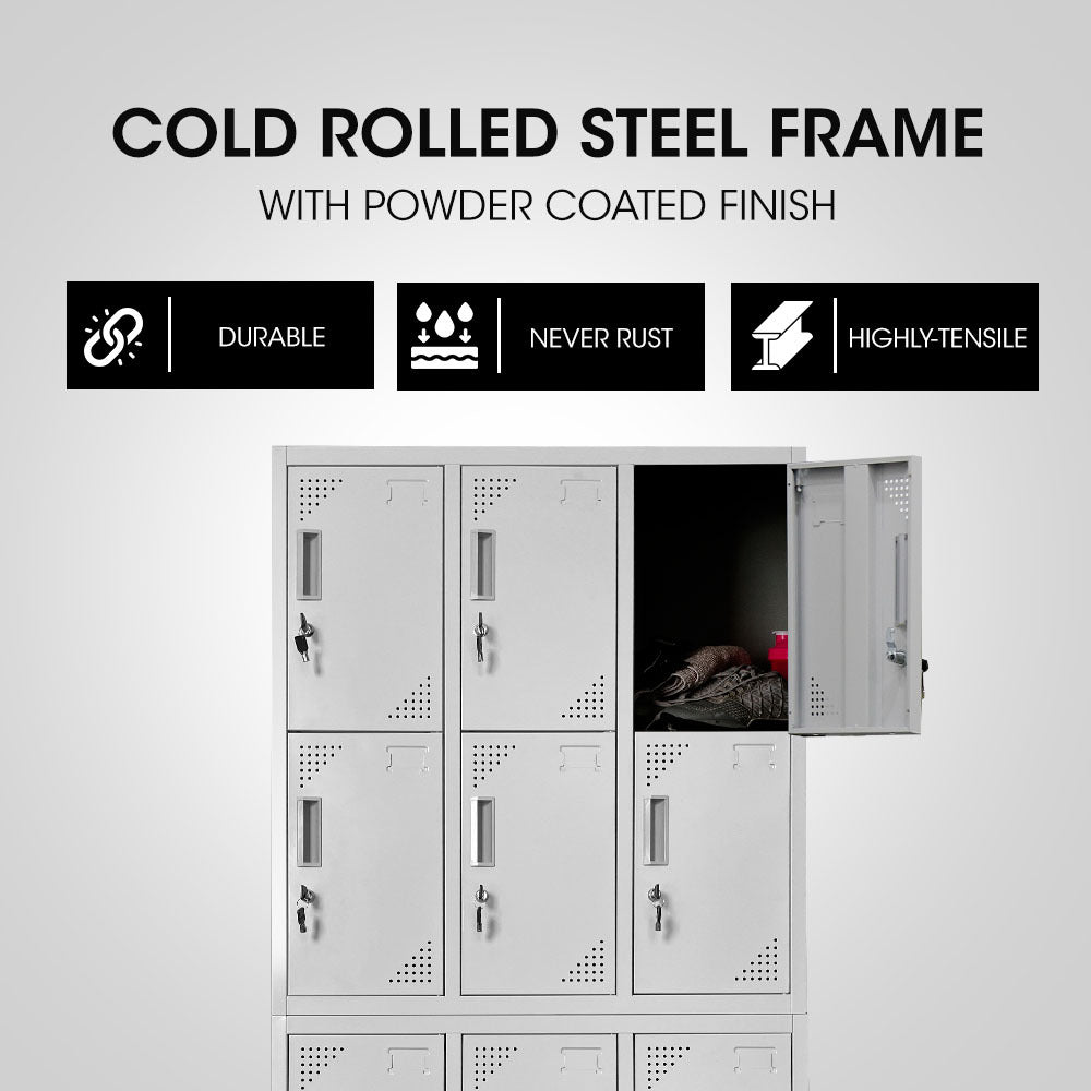 FORTIA 12 Doors Locker Cabinet Metal Storage Gym Home Office School - Light Grey 3
