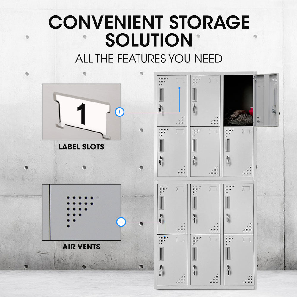 FORTIA 12 Doors Locker Cabinet Metal Storage Gym Home Office School - Light Grey 9