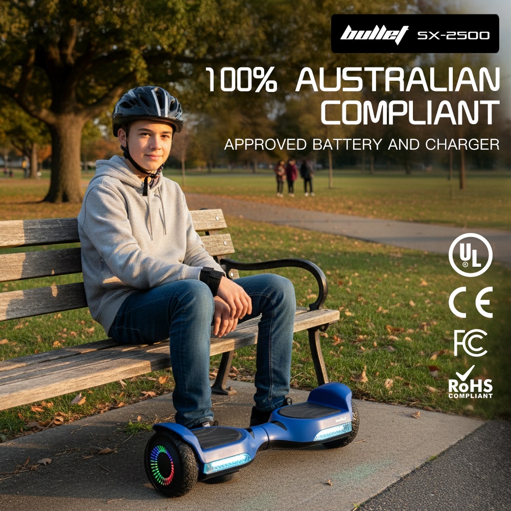 BULLET SX-2500 Hoverboard Scooter, 500W Brushless, UL Certified, AU Compliant, 6.5-inch Off-Road Style Tyres, Superior Self Balancing System, LED Lights, Blue 12