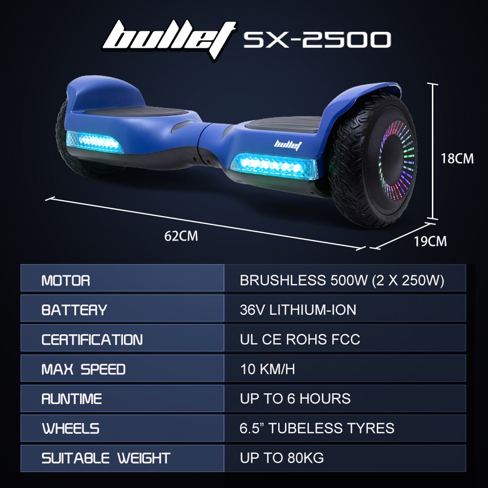 BULLET SX-2500 Hoverboard Scooter, 500W Brushless, UL Certified, AU Compliant, 6.5-inch Off-Road Style Tyres, Superior Self Balancing System, LED Lights, Blue 14