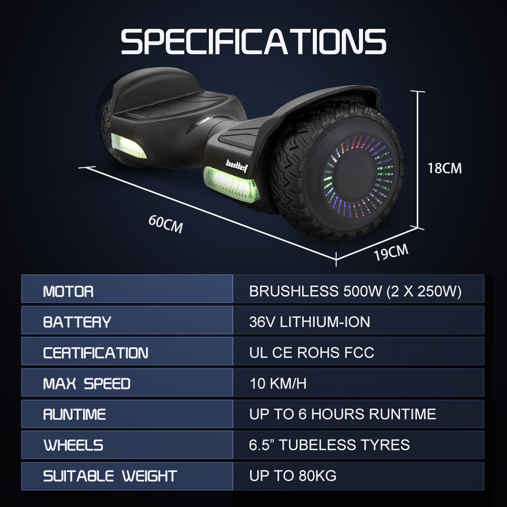 BULLET SX-2500 Hoverboard Scooter, 500W Brushless, UL Certified, AU Compliant, 6.5-inch Off-Road Style Tyres, Superior Self Balancing System, LED Lights, Black 14