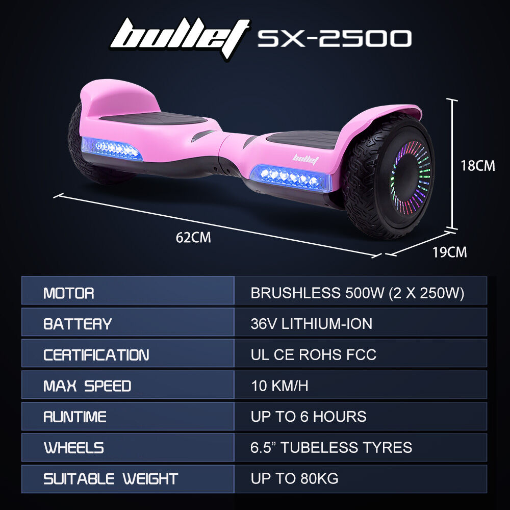 BULLET SX-2500 Hoverboard Scooter, 500W Brushless, UL Certified, AU Compliant, 6.5-inch Off-Road Style Tyres, Superior Self Balancing System, LED Lights, Pink 15
