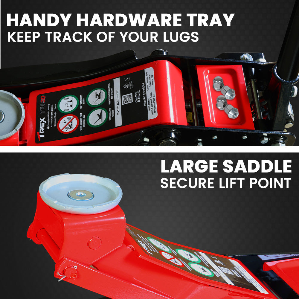 T-REX 3000KG Hydraulic Trolley Floor Jack, High Lift, Dual Pump, Quick Release Handle 7