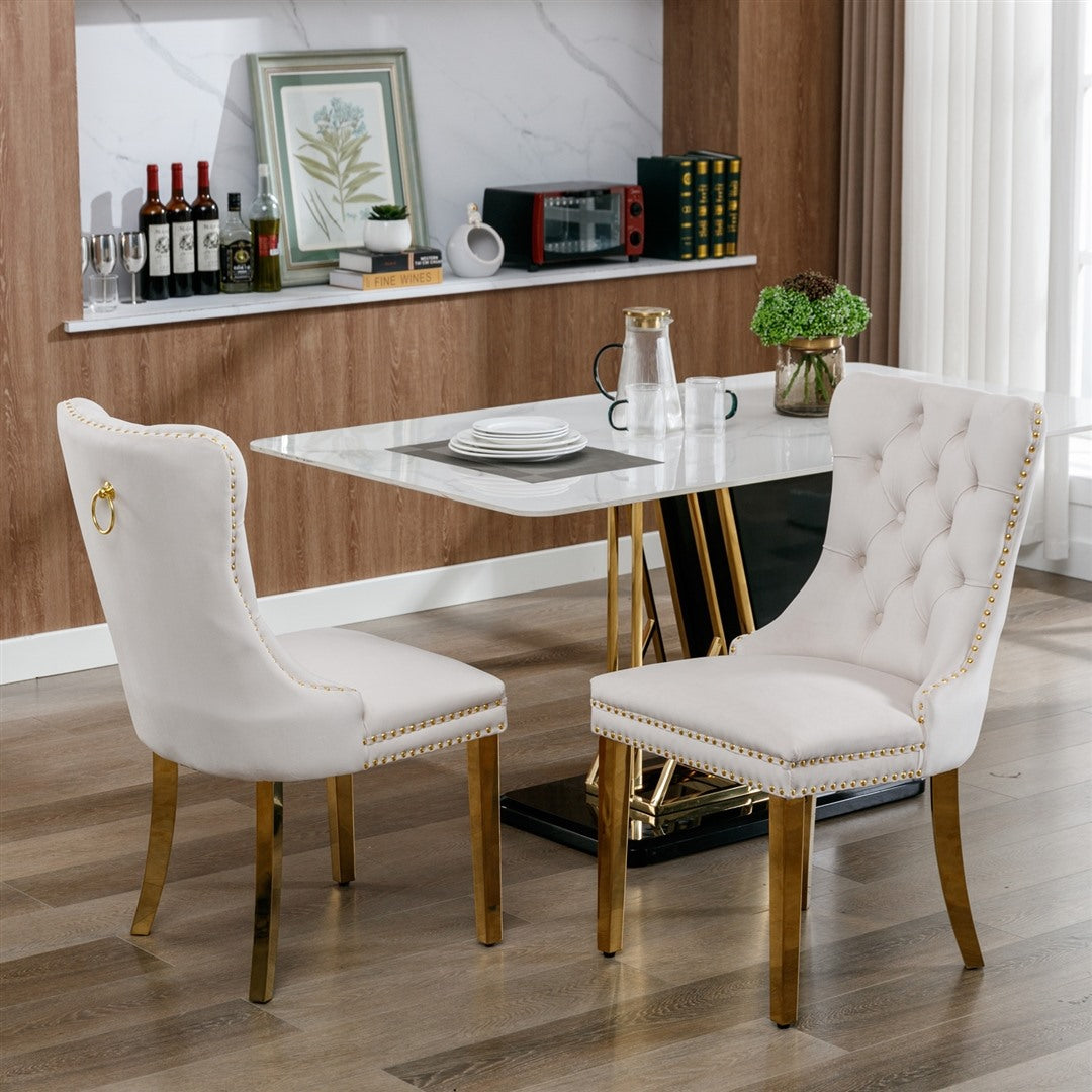 AADEN 2x Velvet Dining Chairs with Golden Metal Legs-Beige 9