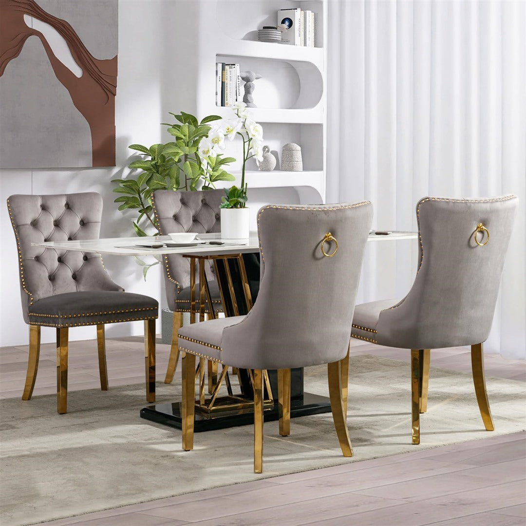 AADEN 6x Velvet Dining Chairs with Golden Metal Legs-Grey 8