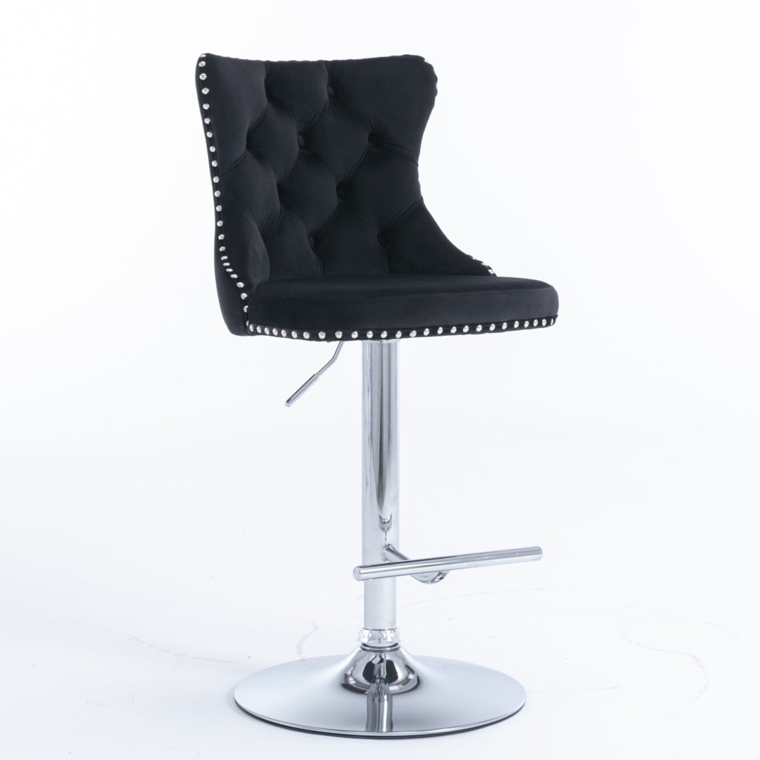 4x Height Adjustable Swivel Bar Stool Velvet Studs Barstool with Footrest and Chromed Base- Black 3