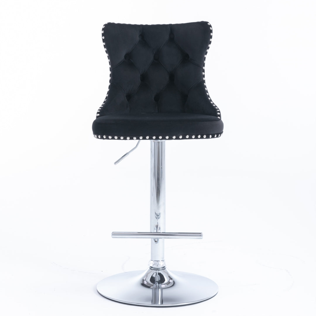 4x Height Adjustable Swivel Bar Stool Velvet Studs Barstool with Footrest and Chromed Base- Black 5