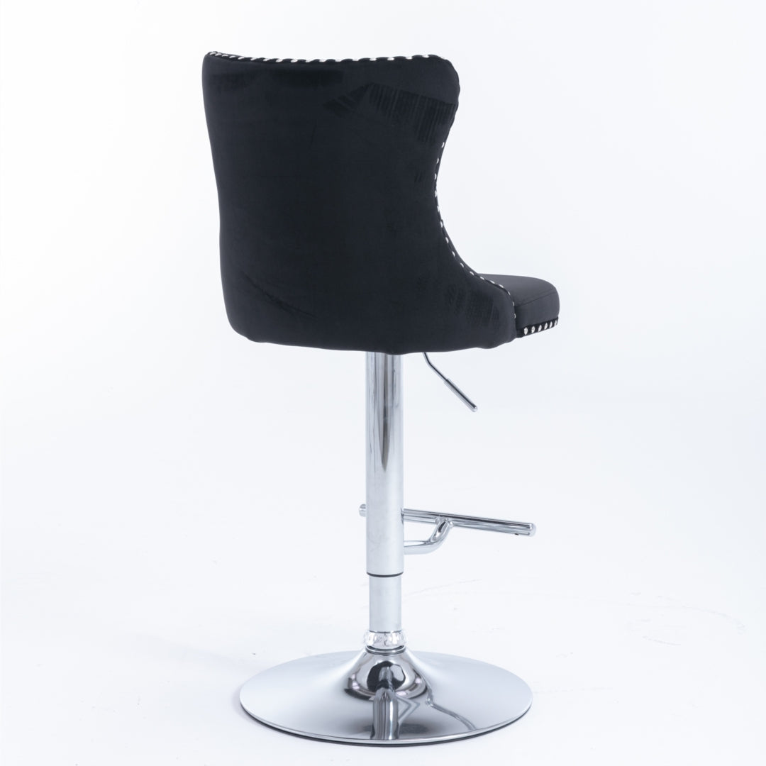 4x Height Adjustable Swivel Bar Stool Velvet Studs Barstool with Footrest and Chromed Base- Black 7