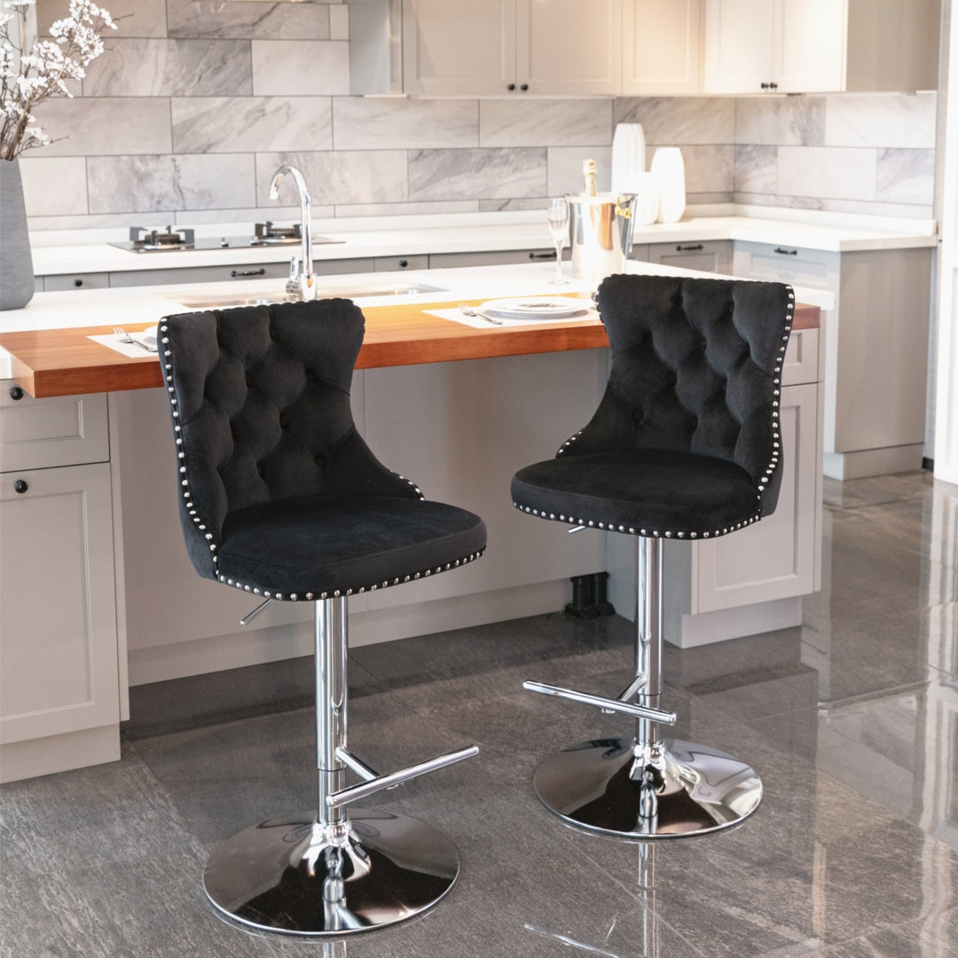 4x Height Adjustable Swivel Bar Stool Velvet Studs Barstool with Footrest and Chromed Base- Black 10