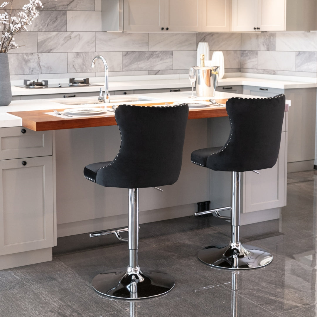 4x Height Adjustable Swivel Bar Stool Velvet Studs Barstool with Footrest and Chromed Base- Black 13